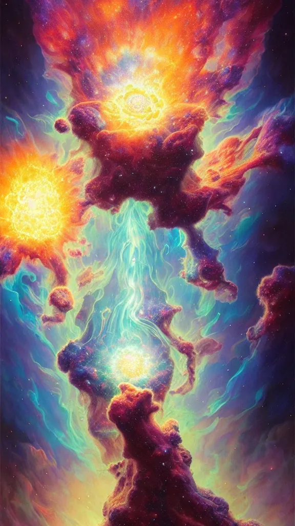 Image similar to psychedelic transcendent puffs! of smoke explosion, space, supernova, nebulae, pillars of creation, enlightenment, high contrast lighting, highly detailed, concept art, art by collier, albert aublet, krenz cushart, artem demura, alphonse mucha