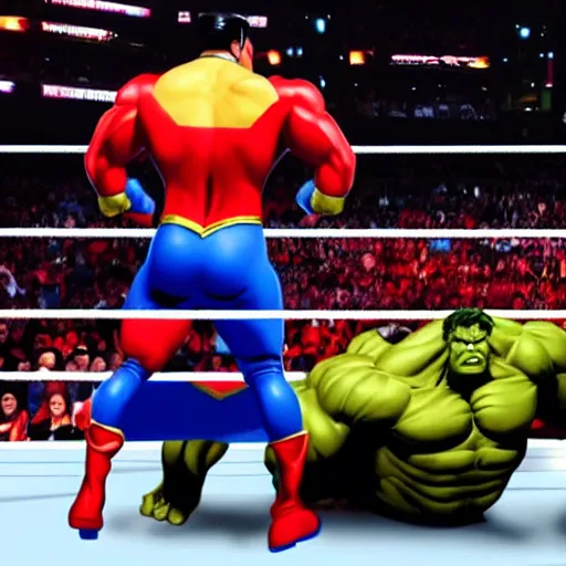 Image similar to supermen and hulk at WWE smacking down Vince McMahon