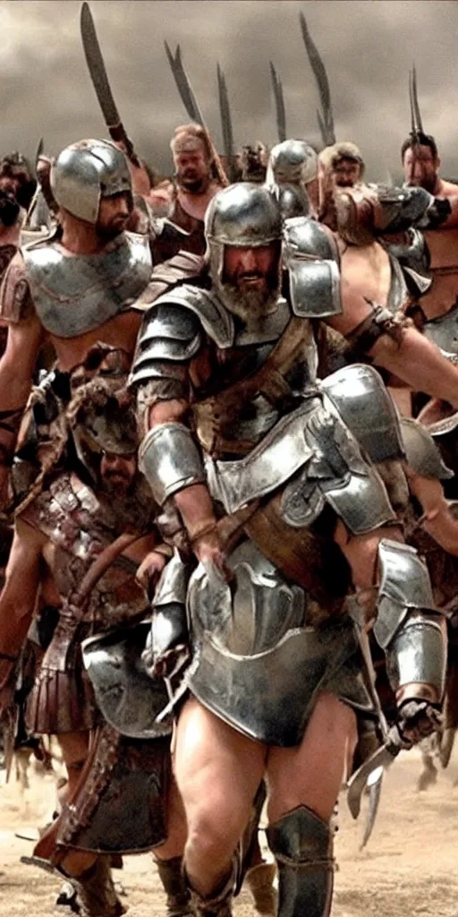 Image similar to Bernie Sanders dressed as Leonidas, with Leonidas beard, leading Spartans into battle, in screenshot from the 300 movie