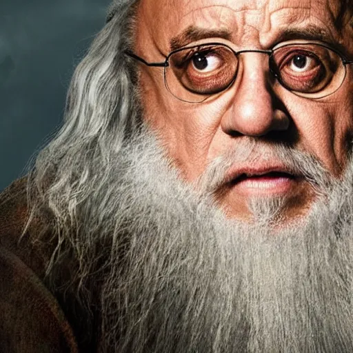 Image similar to danny devito starring as gandalf the white in the 2 0 2 4 lord of the rings movie, full body, hyper realistic, high quality, wide angle