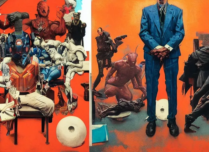 Image similar to a still from the movie avengers : endgame of francis bacon and norman rockwell and james jean, a still from the movie the godfather, and mark brooks, triadic color scheme, by greg rutkowski, syd mead and edward hopper and norman rockwell and beksinski, dark surrealism, orange and turquoise