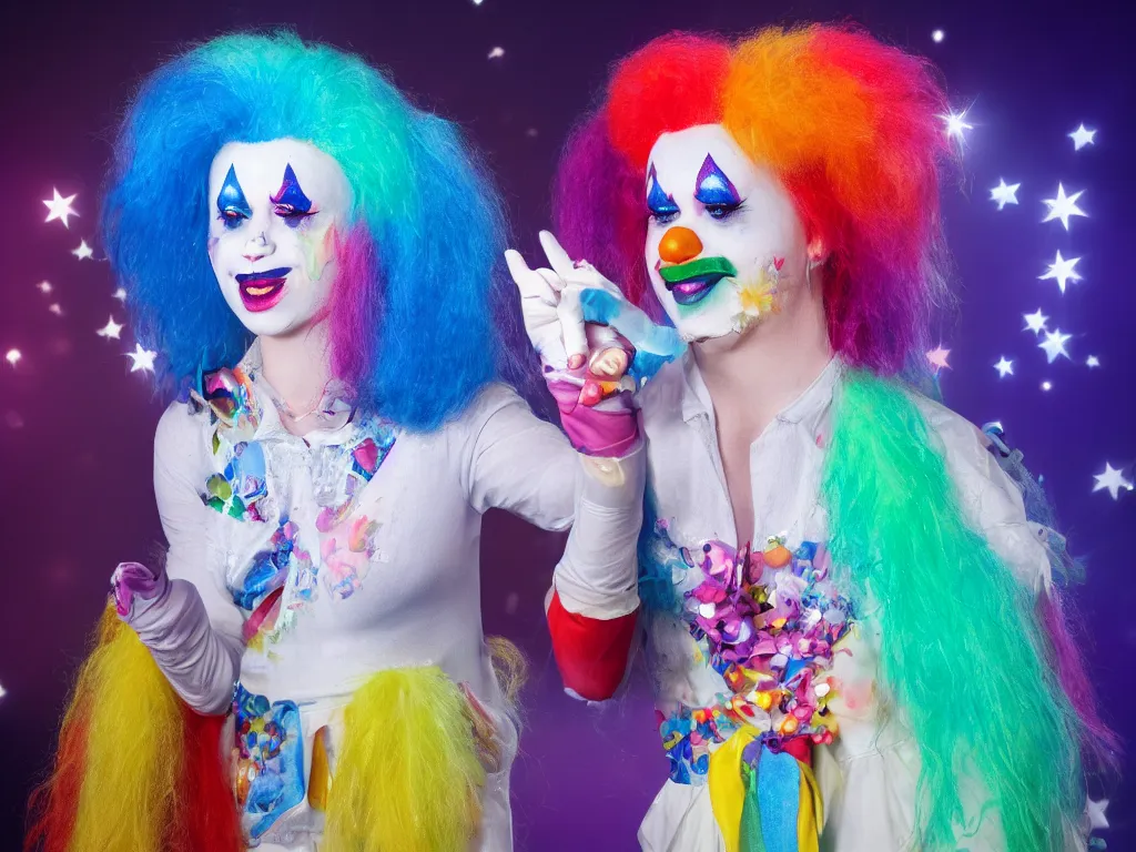 Image similar to 1 unicorn wearing clown makeup on stage auditioning for American Idol