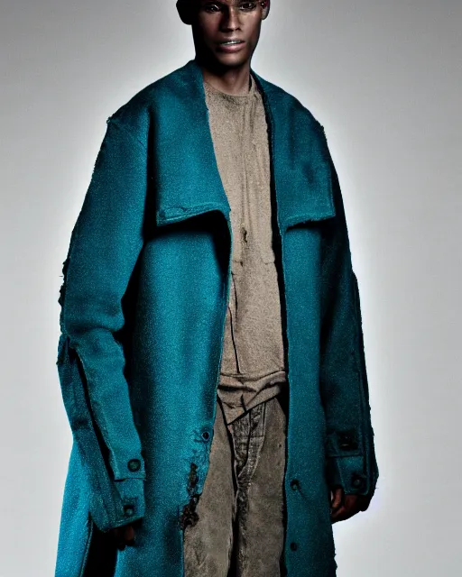 Prompt: an award - winning photo of a male model wearing a cropped baggy teal distressed medieval menswear coat by issey miyake, 4 k, studio lighting, wide angle lens