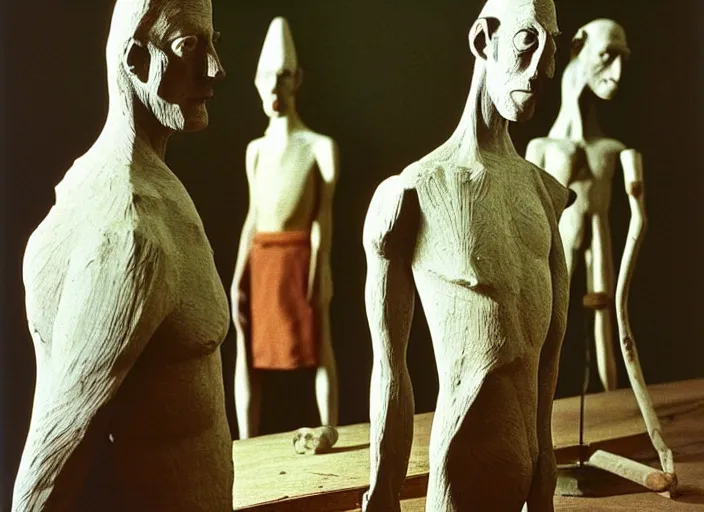 Image similar to realistic photo of a three birdmen sculptures by max ernst made of white clay, in a living room sci - fi laboratory with many wooden gadgets made of wood interior is made of wood 1 9 9 0, life magazine reportage photo, natural colors