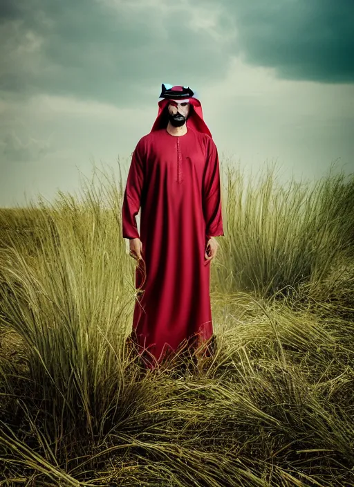 Image similar to portrait of sheikh ruler of dubai, djinn, landscape, swamp, marsh lands, cinematic lighting, studio quality, godly, comic book, 4 k, active, scenic, fury, fiery, dramatic entry