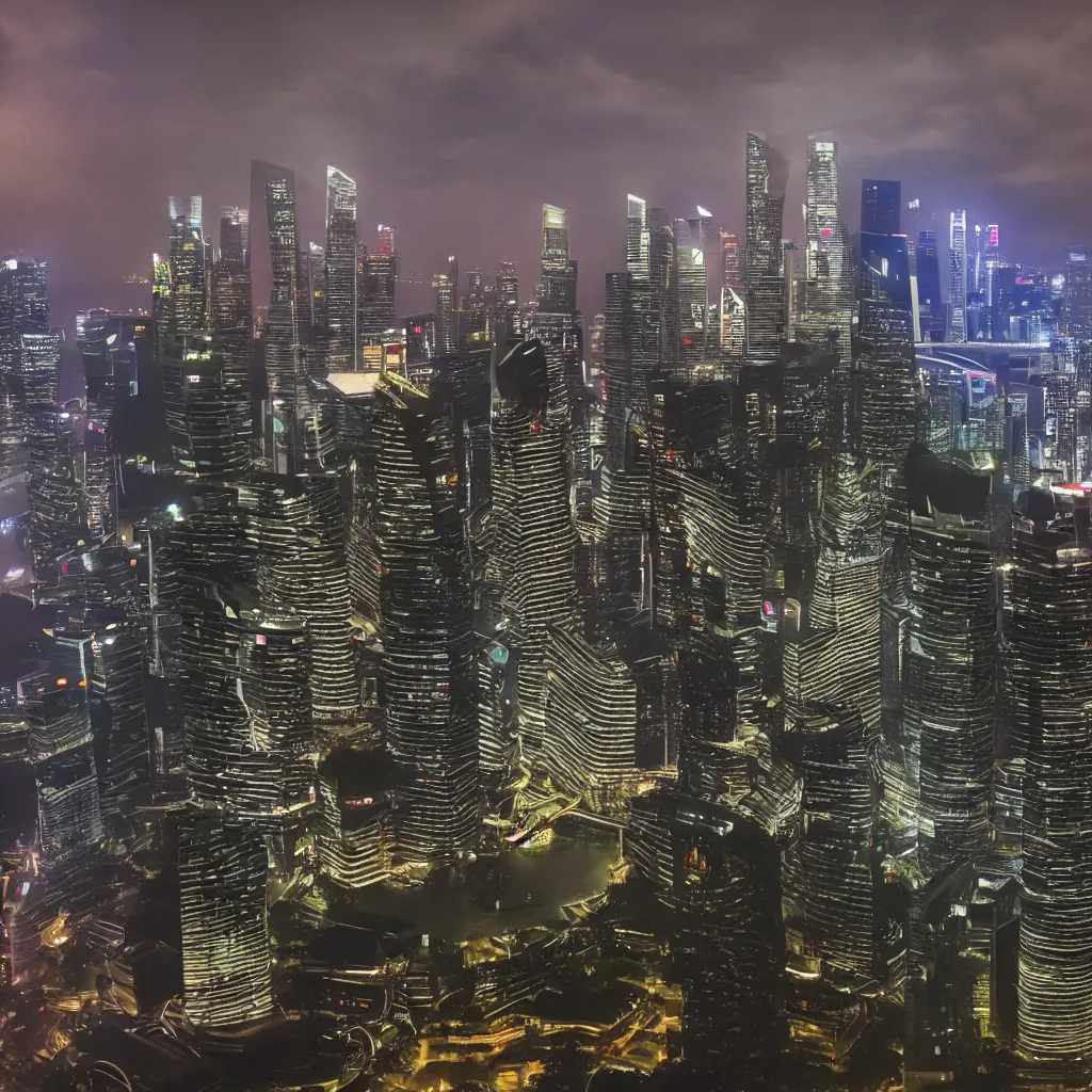 Image similar to blade runner style scenery in singapore with marina bay sands in photorealistic detail hd 8 k