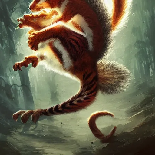 Image similar to Squirrel/tiger, Angry, manic, magic the gathering artwork, horror, D&D, fantasy, cinematic lighting, centered, symmetrical, highly detailed, digital painting, artstation, concept art, smooth, sharp focus, illustration, volumetric lighting, epic Composition, 8k, art by Akihiko Yoshida and Greg Rutkowski and Craig Mullins, oil painting, cgsociety