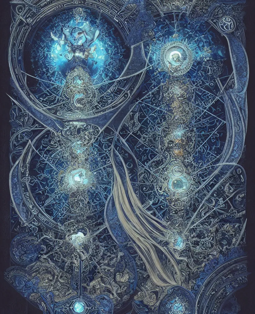 Image similar to illustration of mystical geometrical alchemical black gate covered in blue sacred symbols, deep focus, intricate, elegant, highly detailed, foggy, misterious, digital painting, artstation, concept art, matte, sharp focus, art by artgerm and ernst haeckel and alphonse mucha