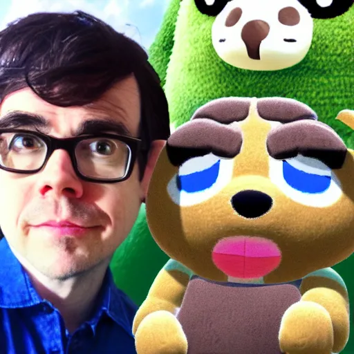 Prompt: A selfie of Rivers Cuomo and Tom Nook from Animal Crossing