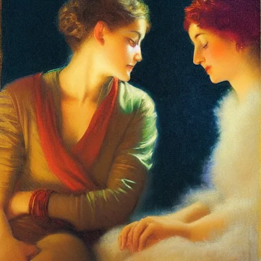 Image similar to two people talking :: by Delphin Enjolras :: oil on canvas