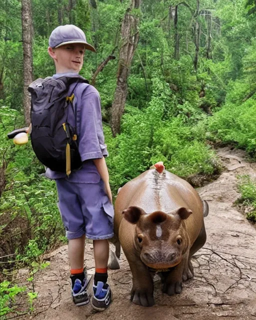 Prompt: a young boy and his pet miniature hippopotamus, backpacking through the wilderness on an adventure