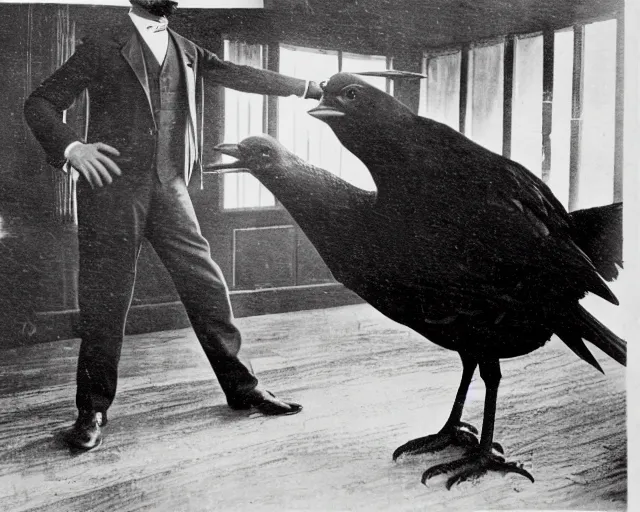 Image similar to early 1 9 0 0 s photo of a man in a suit next to a colossal black taxidermied bird, black and white, newspaper clipping