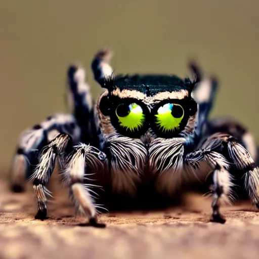 Prompt: jumping spider mixed with owl with 4 eyes and nightvision goggles, cute creature, hybrid, anamorphic lens, bokeh, kodak color film stock, macro shot