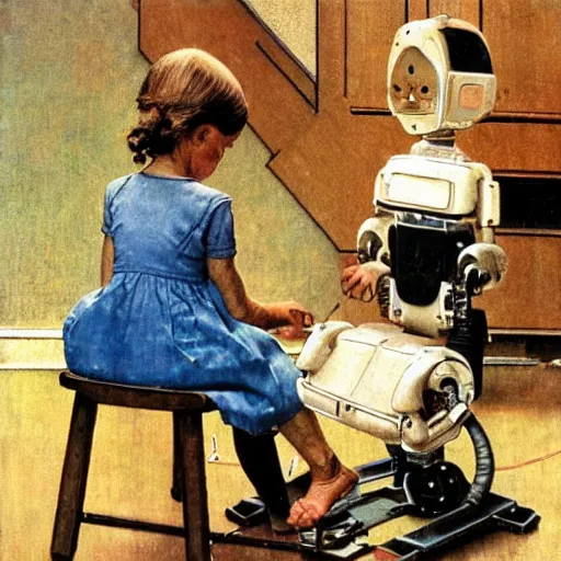 Image similar to a Norman Rockwell painting of a girl fixing her robot