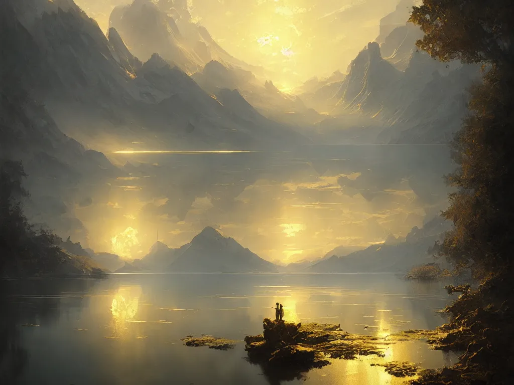 Image similar to A lake of pure gold, by Greg Rutkowski