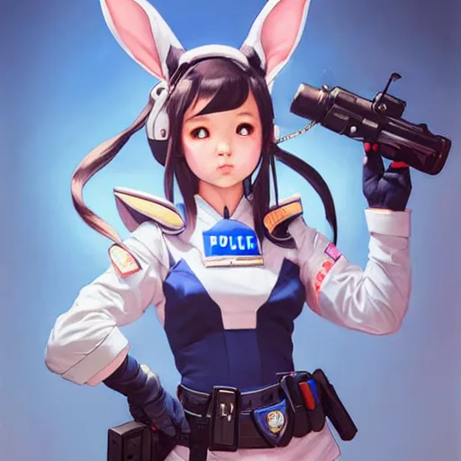 Image similar to Stunning Portrait of Bunny Ears D.VA from Overwatch wearing a police uniform by Kim Jung Gi, holding handcuffs in one hand Blizzard Concept Art Studio Ghibli. oil paint. 4k. by brom, Pixiv cute anime girl wearing police gear by Ross Tran, Greg Rutkowski, Mark Arian, soft render, octane, highly detailed painting, artstation