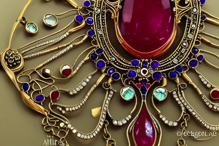 Image similar to highly detailed oil painting, front view, very realistic gemstones, art nouveau, ornate, delicate, brilliant ruby necklace, necklace on display, dramatic light,