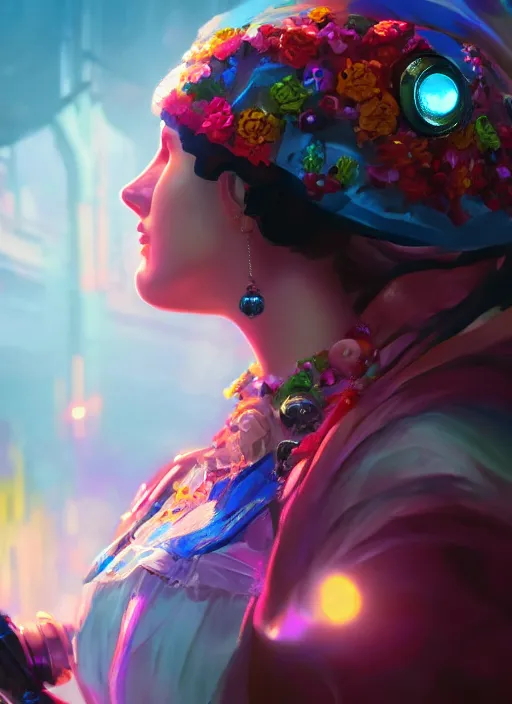 Image similar to Ada Lovelace full of colour, cinematic lighting, trending on artstation, 4k, hyperrealistic, focused, extreme details,unreal engine 5, cinematic, masterpiece