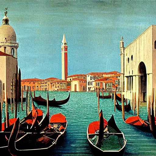 Prompt: Venice in 2075, futuristic, matte painting by Giorgio de Chirico and David A. Hardy
