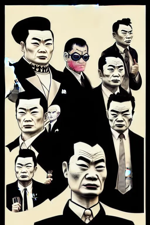 Image similar to chinnese mafia, with black suit, some of them have myth china tatto. digital art, concept art, pop art, bioshock art style, accurate, detailed, gta chinatown art style, dynamic, face features, body features, ultra realistic, smooth, sharp focus, art by richard hamilton and mimmo rottela