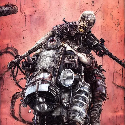 Image similar to mad max the road warrior by brendan mccarthywires cybernetic implants, steelpunk, abandoned steelworks, grime and grunge, in the style of adrian ghenie, esao andrews, jenny saville,, surrealism, dark art by james jean, takato yamamoto