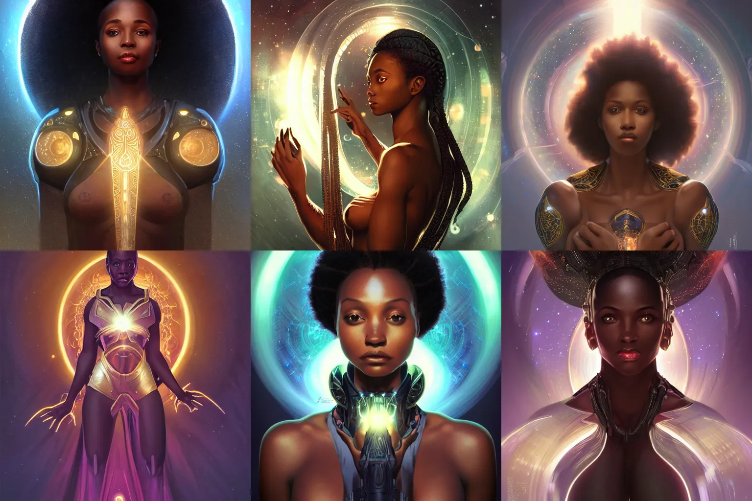 Prompt: black african cyborg princess, warm volumetric lighting, cosmic, symmetric, highly detailed, elegant, concept art, heavenly, god rays, glowing aura, intricate, sharp focus, illustration, alexandros pyromallis, bouguereau, rutkowski, artgerm, alphonse mucha