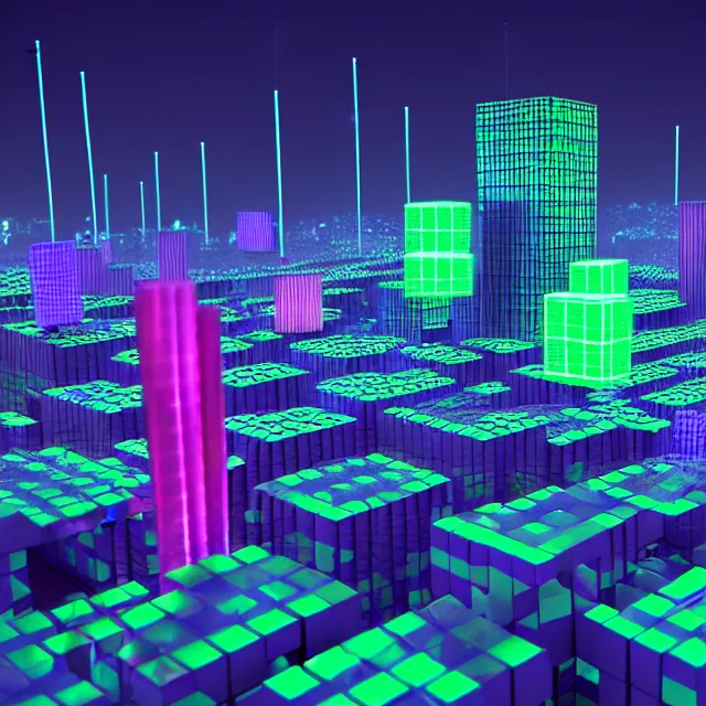 Image similar to 3 d render of glowing futuristic voxel blocks tied together with chains, cubes connected with wires, in the distance a cyberpunk blockchain city is seen, blockchain, symmetry, painted, intricate, volumetric lighting, beautiful, rich deep colors masterpiece, sharp focus, ultra detailed, in the style of dan mumford and marc simonetti