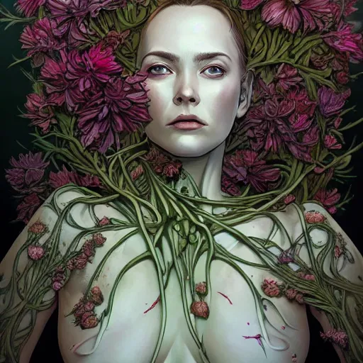 Image similar to a beautiful detailed front view portrait of a rotten woman corpse with plants and fractal flowers growing around, artgerm, joshua middleton comic cover art,