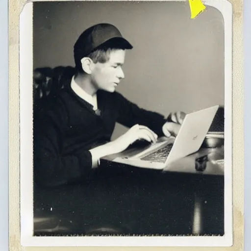 Image similar to old polaroid depicting pikachu from the 1 9 th century working at a modern day laptop