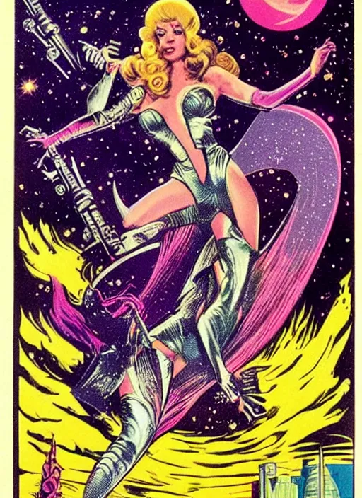 Image similar to Beautiful female powerful epic space sorceress with long hair in 'Barbarella', retro science fiction cover by Jon Steranko and Kelly Freas (1965), vintage 1960 print, tarot card, vivid, highly detailed