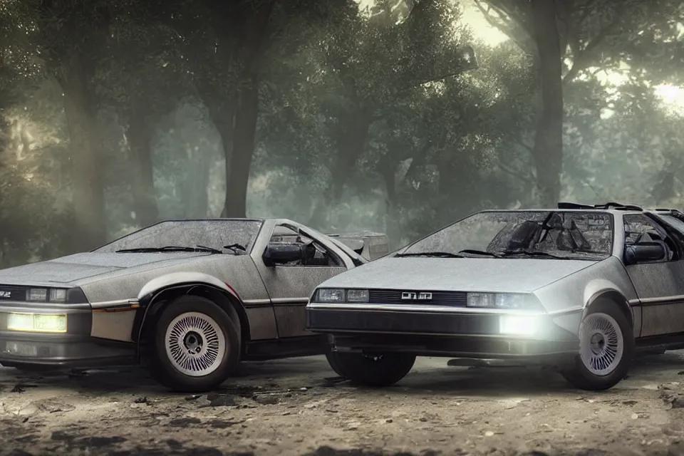 Prompt: ultra realistic delorean dmc 5 and toyta trueno ae 8 6 do parallel drift on road wreckage orbiting earth in space, dark cinematic, volumetric, realistic, 3 d render, realistic render, cinematic lighting, volumetric lighting, atmospheric, cinematic, unreal engine 5, unreal engine render, octane render, hd, photorealism, hyper realistic, 8 k