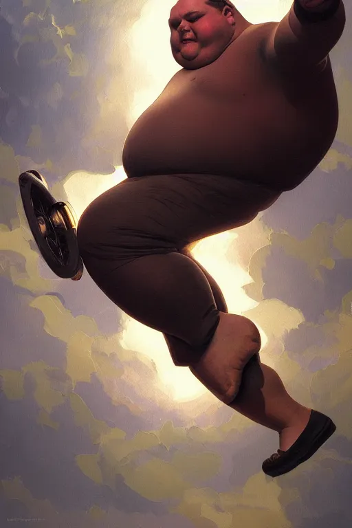 Image similar to an overweight man as a human cannonball, realistic painting, symmetrical, highly detailed, digital painting, artstation, concept art, smooth, sharp focus, illustration, cinematic lighting, art by artgerm and greg rutkowski and alphonse mucha