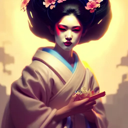 Image similar to pretty geisha, d & d digital painting, ultra realistic, beautiful, volumetric lighting, cell shading, by james jean, greg rutkowski, wlop