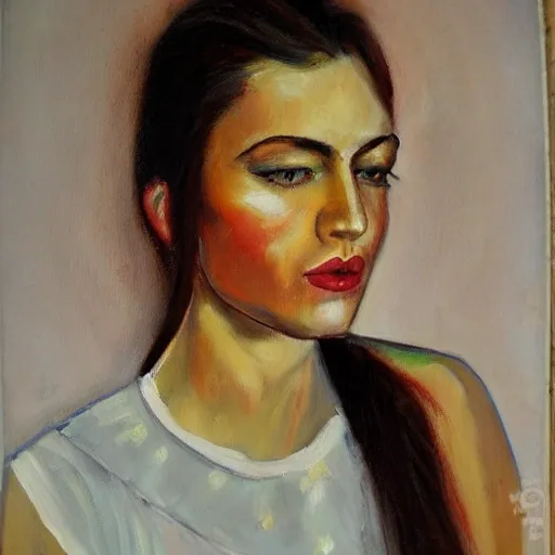 Image similar to a beautiful oil painting of a 35mm film photo of an atractive cool alternative bosnian woman in her early 20s. beautiful face. She has dark brown hair, dark thick eyebrows, brown eyes and shoulder long hair.