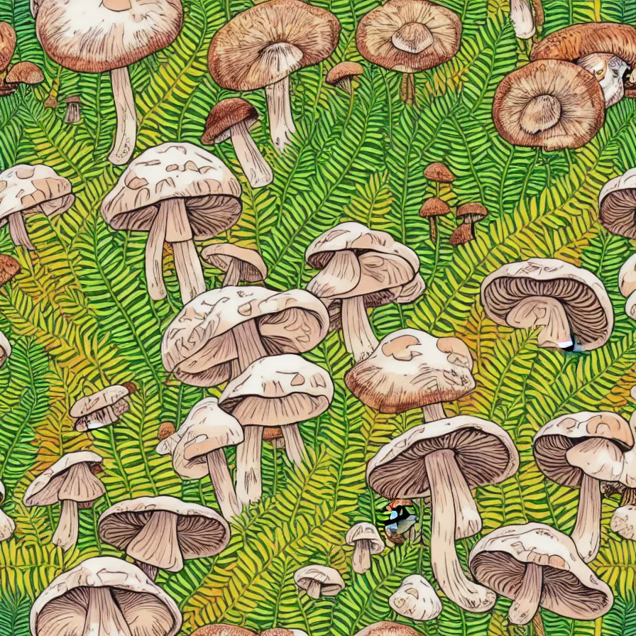 Prompt: plethora of mushrooms and mycelium, vivid natural color hues and natural surroundings, colorful painted patterns and motifs on mushrooms, leaves and ferns, seamless fabric pattern 8K, highly detailed.