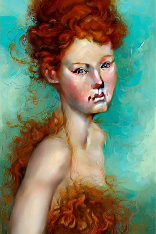 Prompt: hyper realistic painting portrait of a redhead girl with flowing curls and closed eyes, her skin is like gold and turquoise background, hyper detailed face by stjepan sejic, norman rockwell, michael hussar, roberto ferri and ruan jia