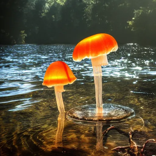 Prompt: jellyfish, mushroom, sun, water, forest