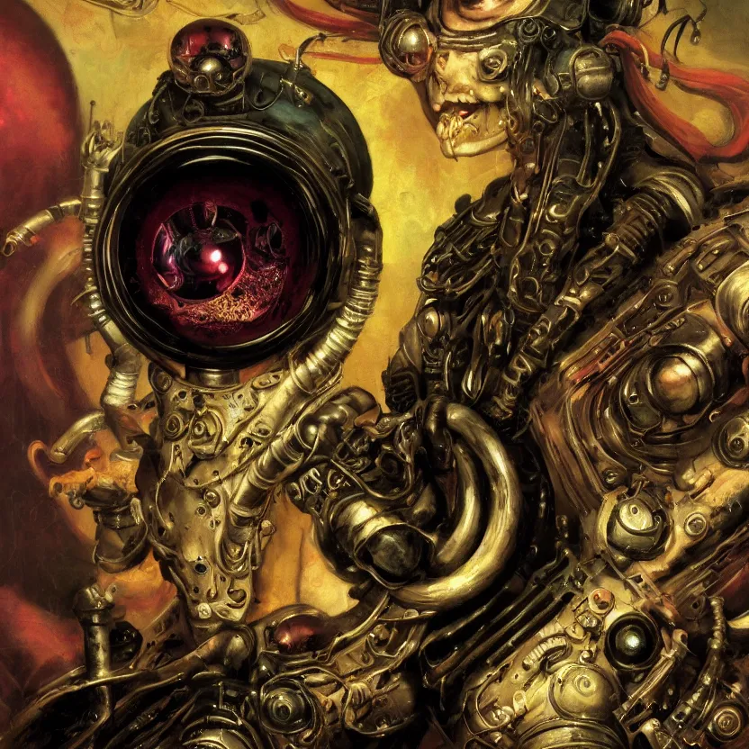 Prompt: baroque neoclassicist close - up sci - fi portrait of a colorful steampunk time wizard overlord with big glowing eyes gazing intensely, pearlescent chrome. dark black ominous background, glowing atmosphere. highly detailed science fiction horror painting by norman rockwell, frank frazetta, and syd mead. rich colors, high contrast, gloomy atmosphere. trending on artstation and behance.