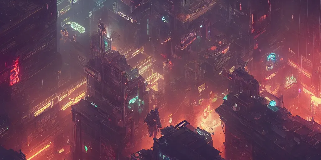 Image similar to a painting of a cinematic keyframe of a cyberpunk dystopian city, arcane league of legends like seen from above, cenital shot, by greg rutkowski, rule of thirds, golden ratio, ambient lighting, wlop, artgerm, artstation, highly detailed masterpiece, dark fantasy art, high detail, trending on artstation