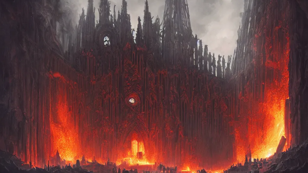 Prompt: an obsidian Sagrada Família cathedral with a giant obsidian door, with a bridge leading to the door, in the elemental plane of fire, with rivers of lava surrounding it, Dungeon and Dragon illustration, painted by Greg Rutkowski, 4k, trending on ArtStation