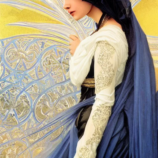 Image similar to greek Ameera al-Taweel, blue eyes, wavy black hair, white veil, highly detailed, digital painting, artstation, concept art, smooth, sharp focus, illustration, ArtStation, art by artgerm and greg rutkowski and alphonse mucha and J. C. Leyendecker and Edmund Blair Leighton and Katsuhiro Otomo and Geof Darrow and Phil hale and Ashley wood and Ilya repin and Charlie Bowater