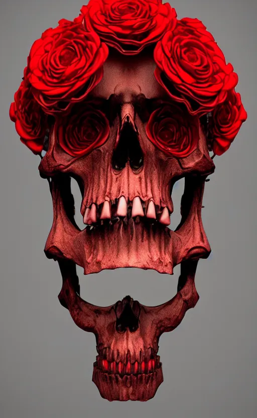 Prompt: skull made of red roses, organic horror, devil, death, giger, epic, baroque, art nouveau, james jean, photorealistic render, 3 ds max, v - ray, extremely detailed and intricate, center composition, elegant, vfx, unreal engine 5, octane render, extremely contrast, extremely sharp lines