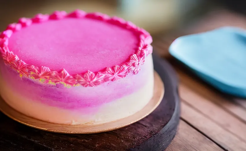 Prompt: A photo of a swedish princess cake from the side on a wooden table, covered with pink marzipan, some powder sugar and a blue marzipan leaf in the center. Sunset. 4K. Cinematic lighting. High detail. Realistic. Delicious.