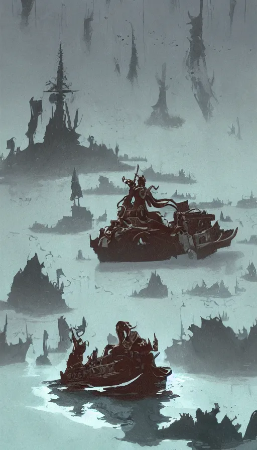 Image similar to man on boat crossing a body of water in hell with creatures in the water, sea of souls, by ian mcque