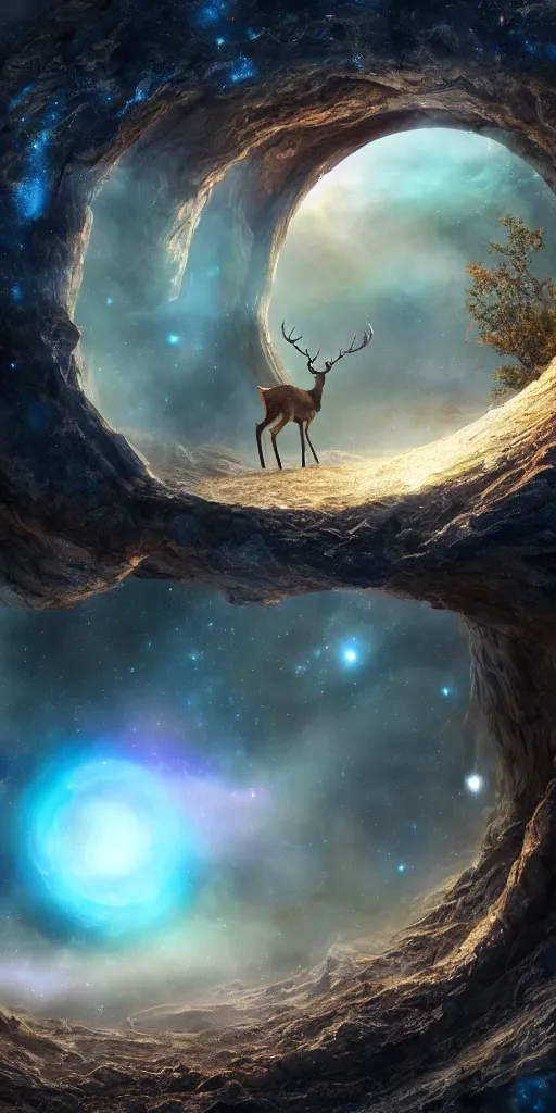 Prompt: an extreme long shot of a deer peering into a giant portal into the universe in the shape of a keyhole to the nebulae and galaxies, an eagle flying, beautiful matte painting by weta workshop 4 k, cinematic dramatic atmosphere, dramatic lighting, trending on artstation