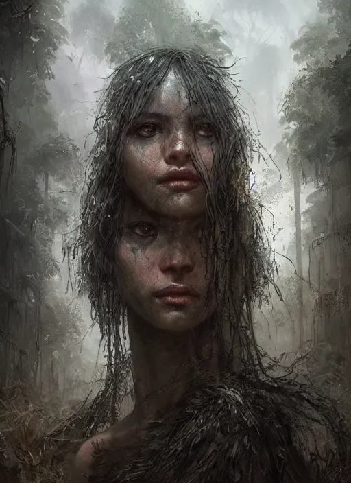 Image similar to portrait of Aruula in a post apocalyptic city overgrown with lush vegetation, by Luis Royo, by Greg Rutkowski, dark, gritty, intricate, highly detailed face, backlit, strong rimlight, cover illustration, concept art, volumetric lighting, volumetric atmosphere,sharp focus, octane render, trending on artstation, 8k