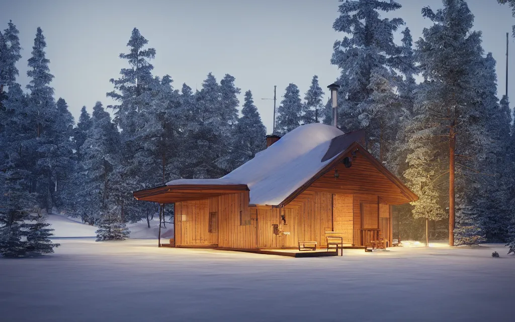 Image similar to finnish sauna architectural visualization, hotel, winter scene, cozy, corona render, rendered in vray, evening light, lakeside, dof, mountainous landscape, pine forest, evermotion, ronen bekerman, contest winner, archviz, peter guthrie, ultradetailed, photorealistic, mir. no