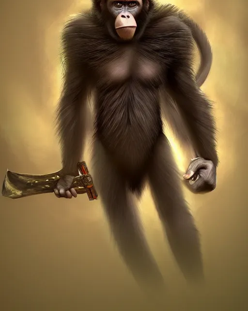 Image similar to fury art, large cape, an anthro ape monkey wearing a fantasy armor, jungle background, 3 d, 8 k, extremely detailed, trending on furaffinity, trending on artstation, award winning, sharp focus, illustration