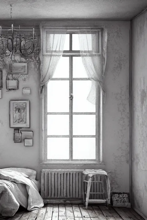 Image similar to matte sharp photo realistic shabby chic room with windows, artstation behance