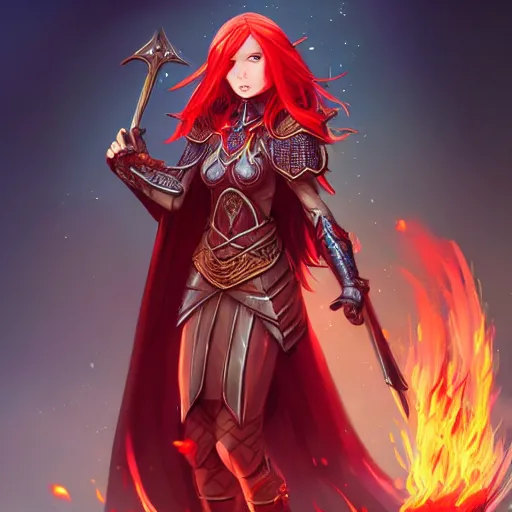 Image similar to a female elven cleric with red long hair, very good beautiful heavy scale armor, wearing a cape, casting a fire spell, magical, bright, colorful, fantastic lighting, amazing details, 4 k uhd, illustration by stephanie brown and mingchen shen and ilya kuvshinov, artstation, pixiv, concept art,